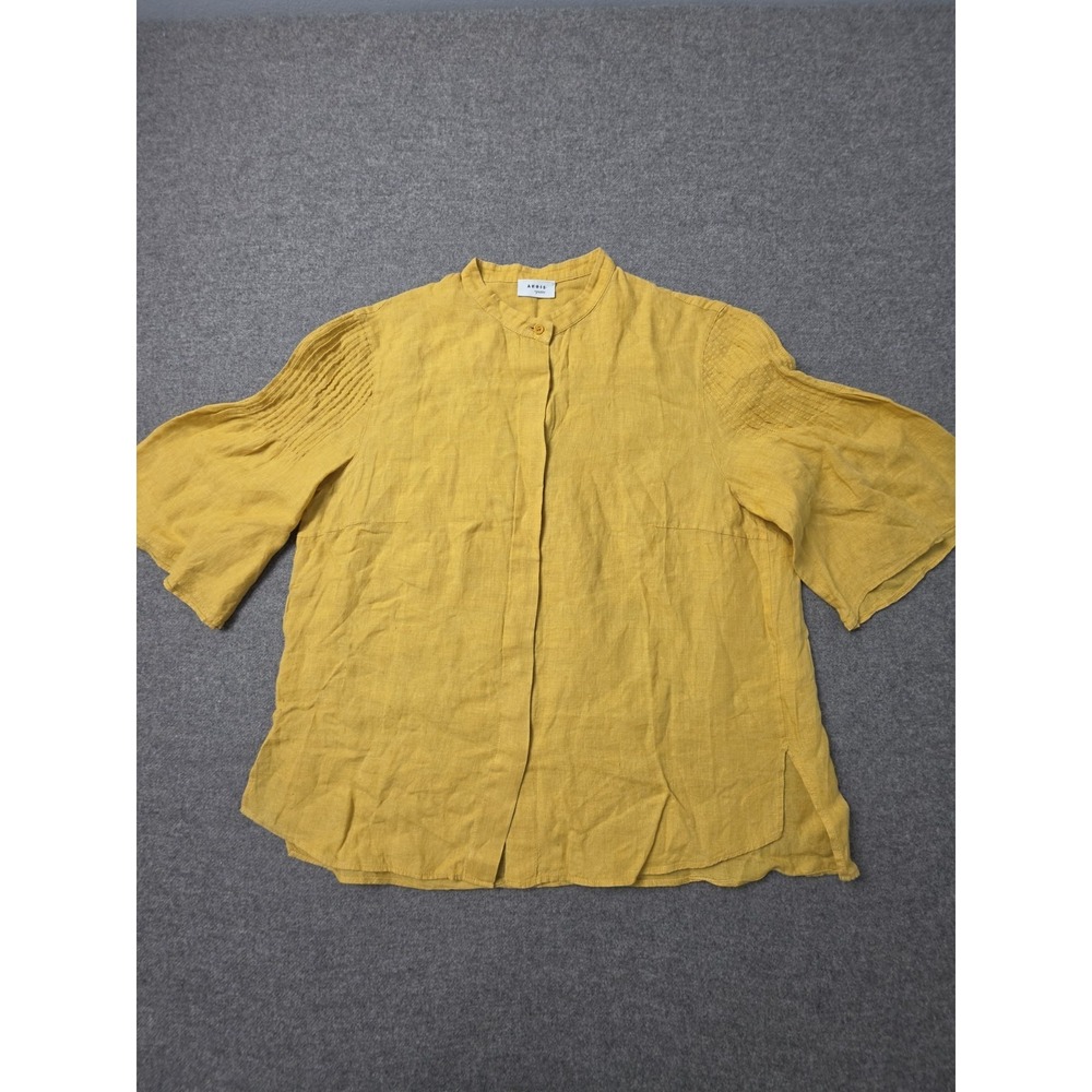 Akris Punto Blouse Womens Linen Yellow Mandarin Collar Pleated Sleeve Top